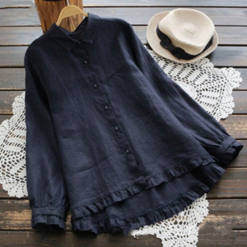 Fungus Edge Stitching Cotton And Linen Long Sleeve Top
