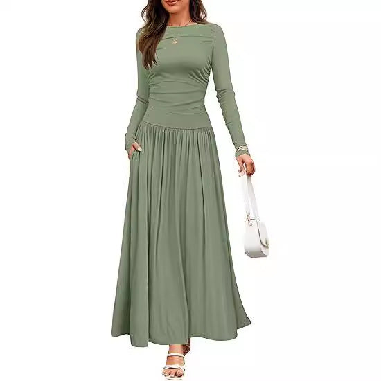 Round Neck Pleated Pocket Slim Fit Long Sleeve Knit Dress