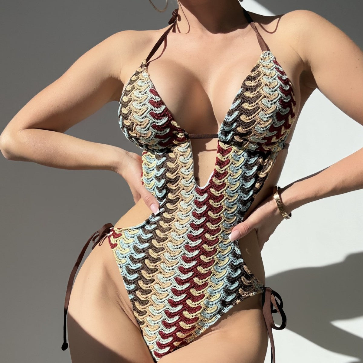 Ely crochet texture slim fit hanging neck one-piece swimsuit
