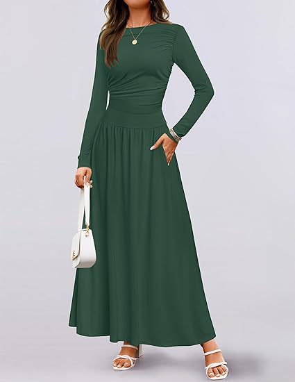 Round Neck Pleated Pocket Slim Fit Long Sleeve Knit Dress