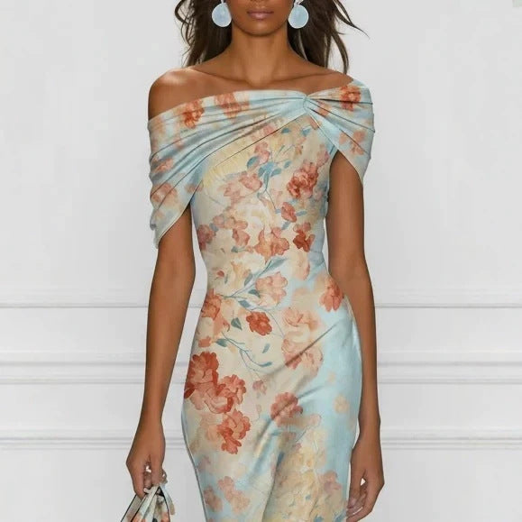 Off-Shoulder Short Sleeve Floral Elegant Long Dress
