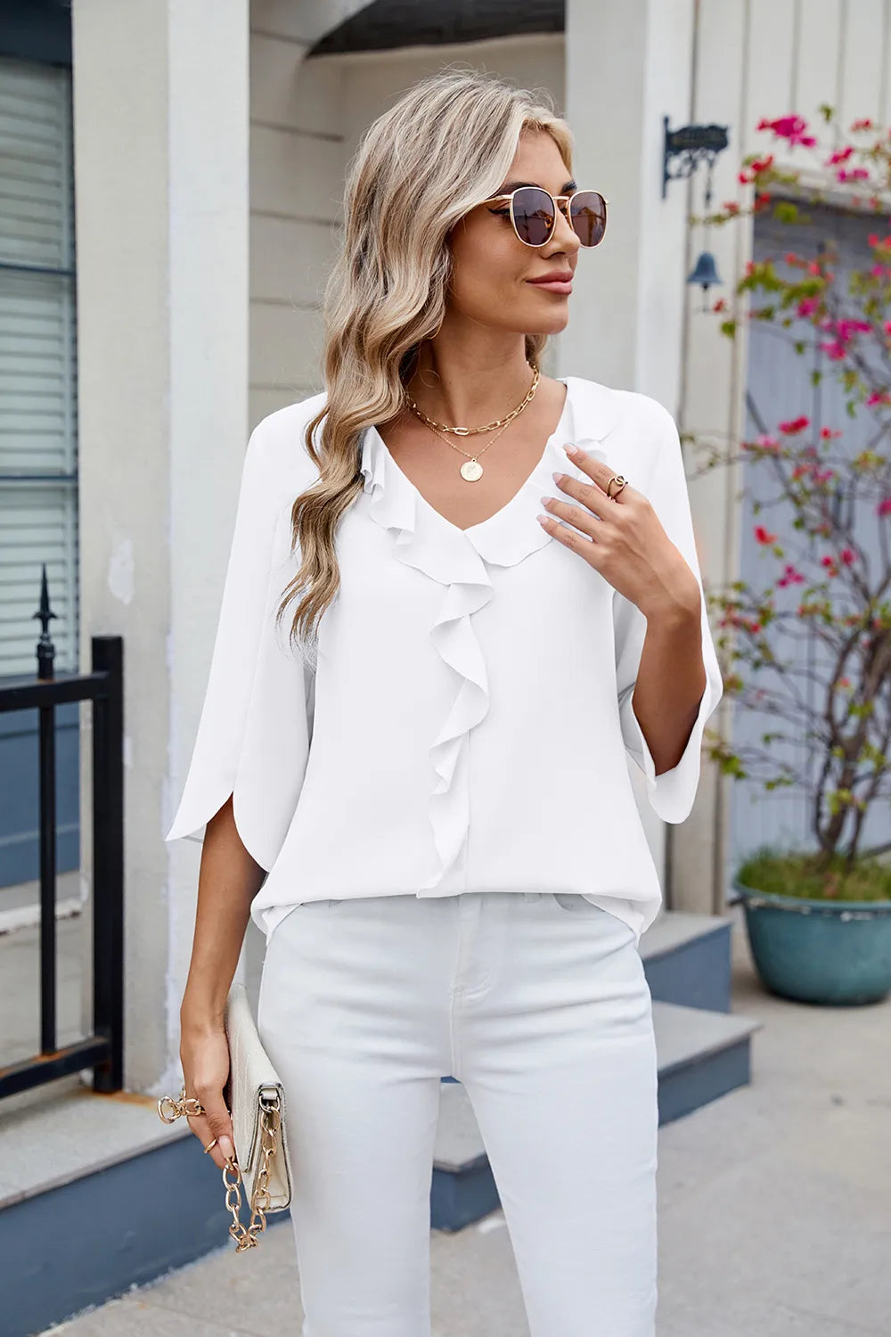 Chiffon mid sleeve V-neck pleated ruffled loose fitting top