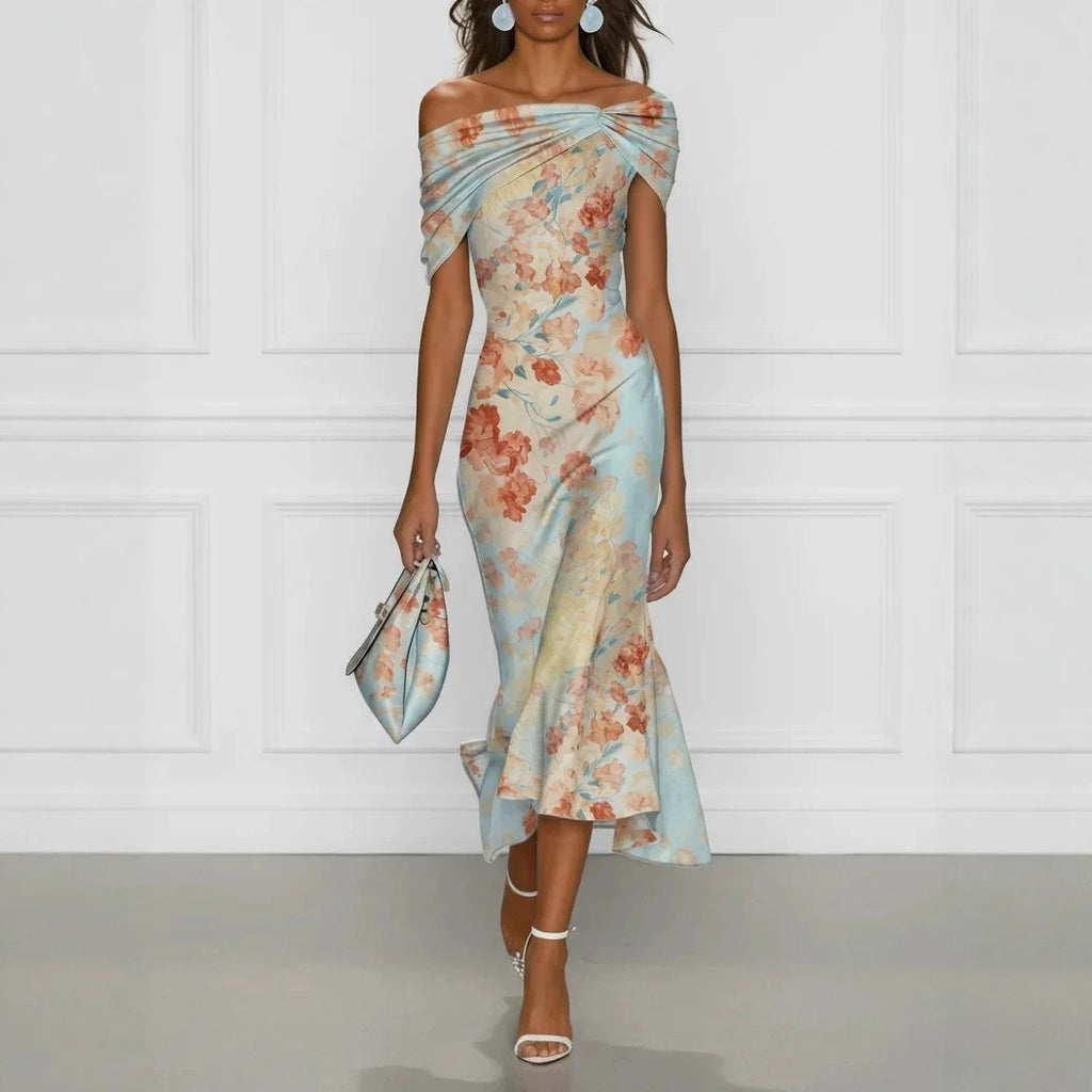 Off-Shoulder Short Sleeve Floral Elegant Long Dress