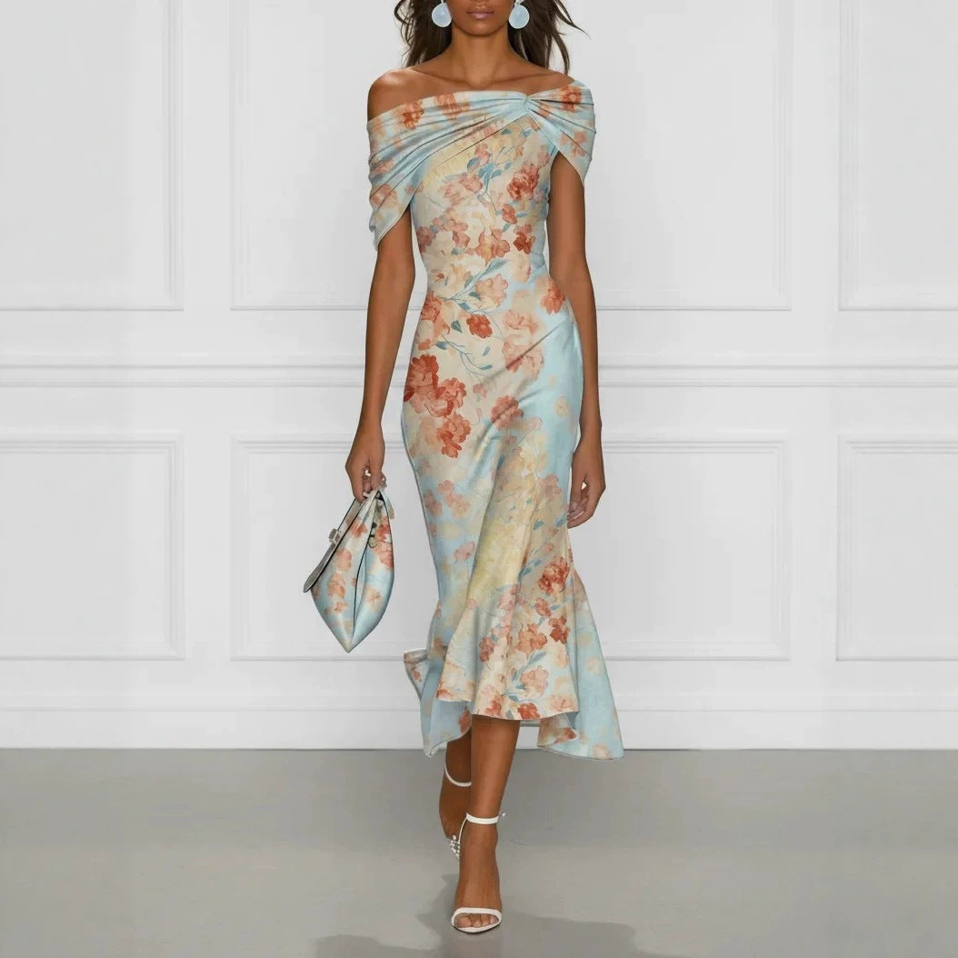 Off-Shoulder Short Sleeve Floral Elegant Long Dress