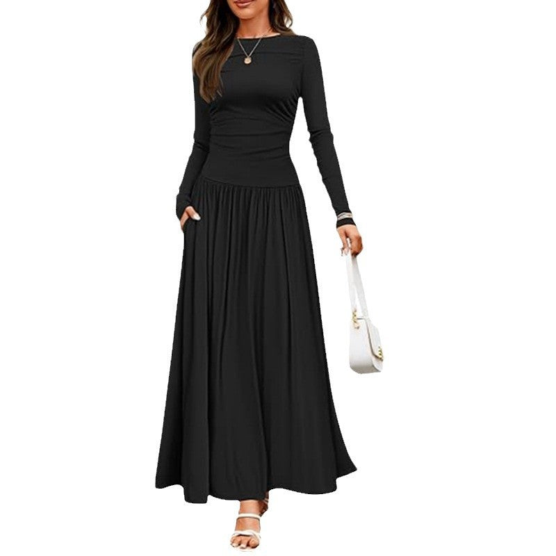 Round Neck Pleated Pocket Slim Fit Long Sleeve Knit Dress