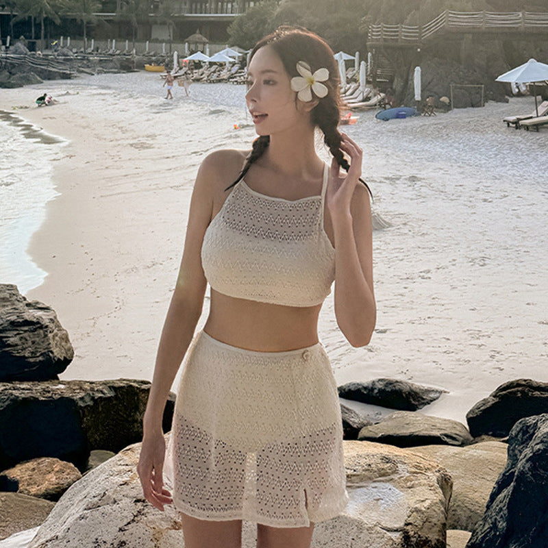 Two-Piece Bikini Lace Sexy Cut-Out Fabric High-Waisted Skirt Swimwear for Women