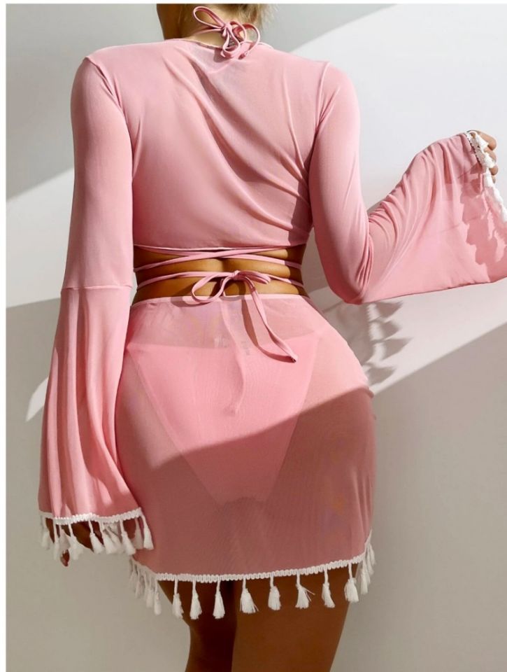 Four piece  tassel top mesh skirt bikini