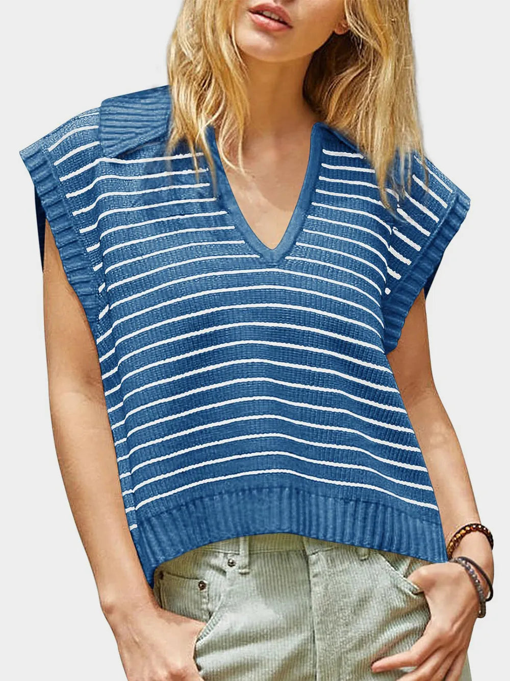V-neck knitted top casual striped pullover sweater