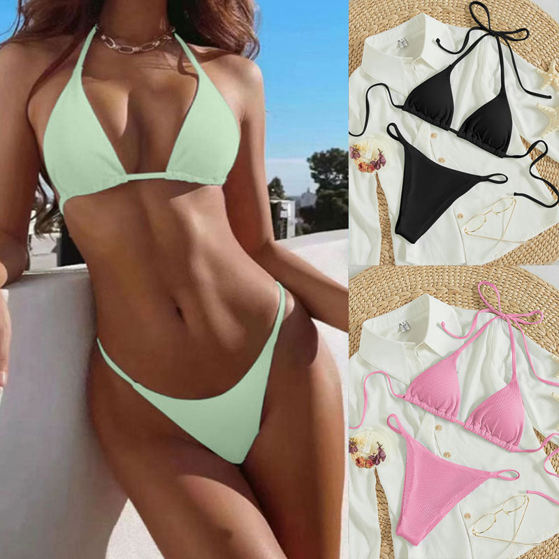 Hanging neck tie bikini swimsuit