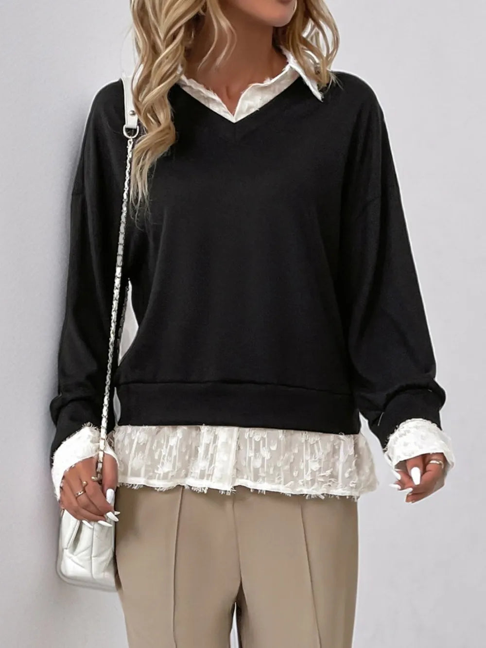 Layered Black & White Lace Collar Top