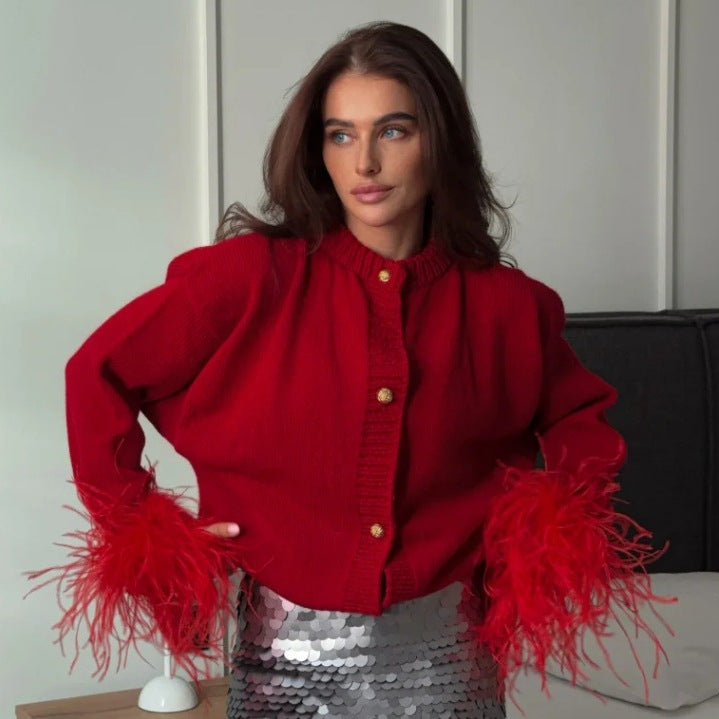 Red Knitted Feather Cardigan O-neck Sweater Coat