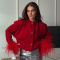 Red Knitted Feather Cardigan O-neck Sweater