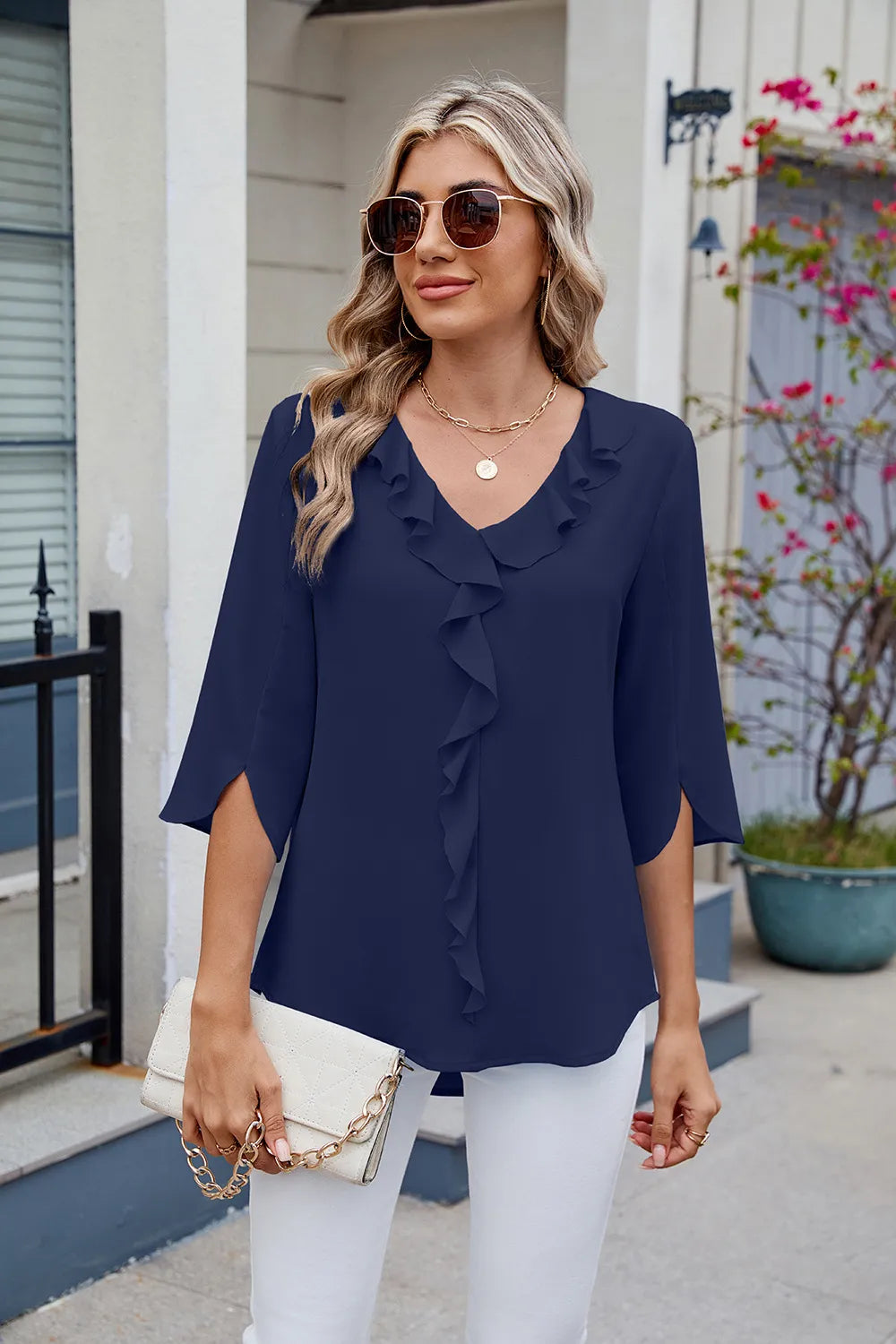 Chiffon mid sleeve V-neck pleated ruffled loose fitting top
