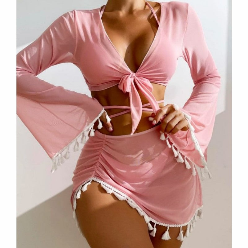 Four piece  tassel top mesh skirt bikini