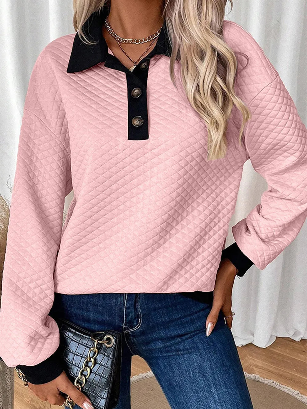 ColorBLock Button Long Sleeve Sweatshirt