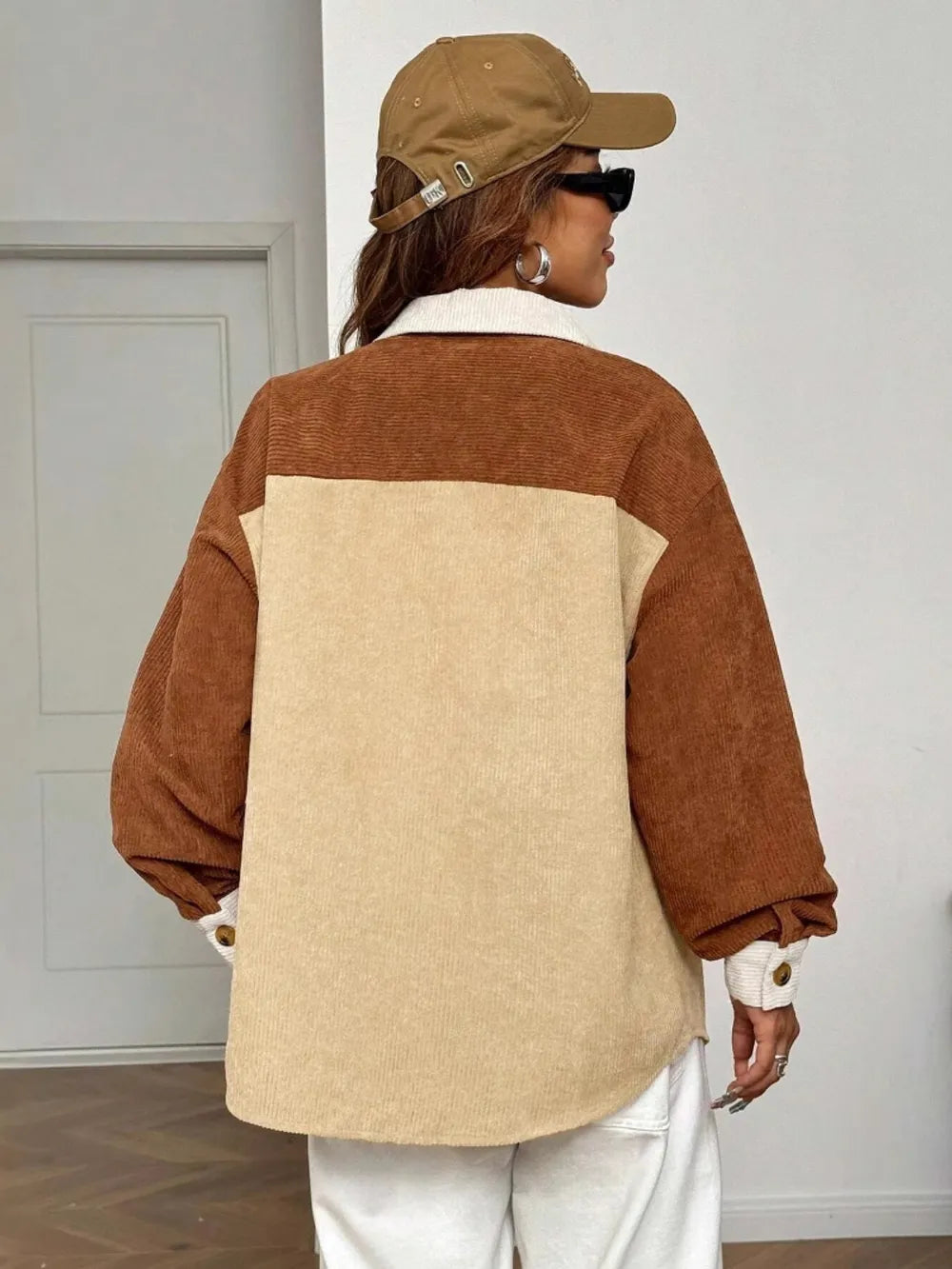 Corduroy color blocked casual jacket shirt