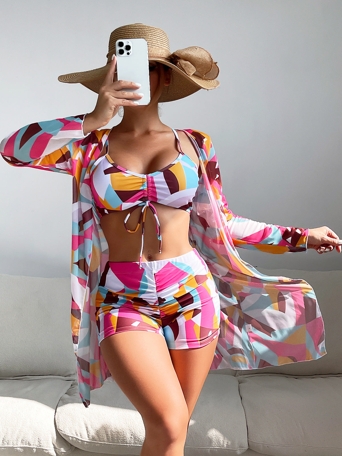 Fashionable Sexy Mesh Cover-Up with Leg-Length Briefs Three-Piece Swimwear Set