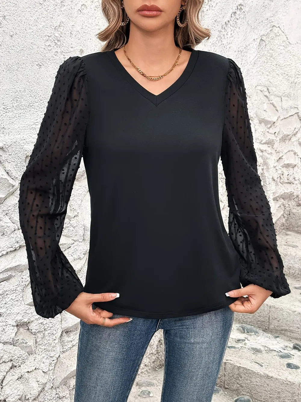 Black solid color V-neck fashionable versatile patchwork long sleeve top
