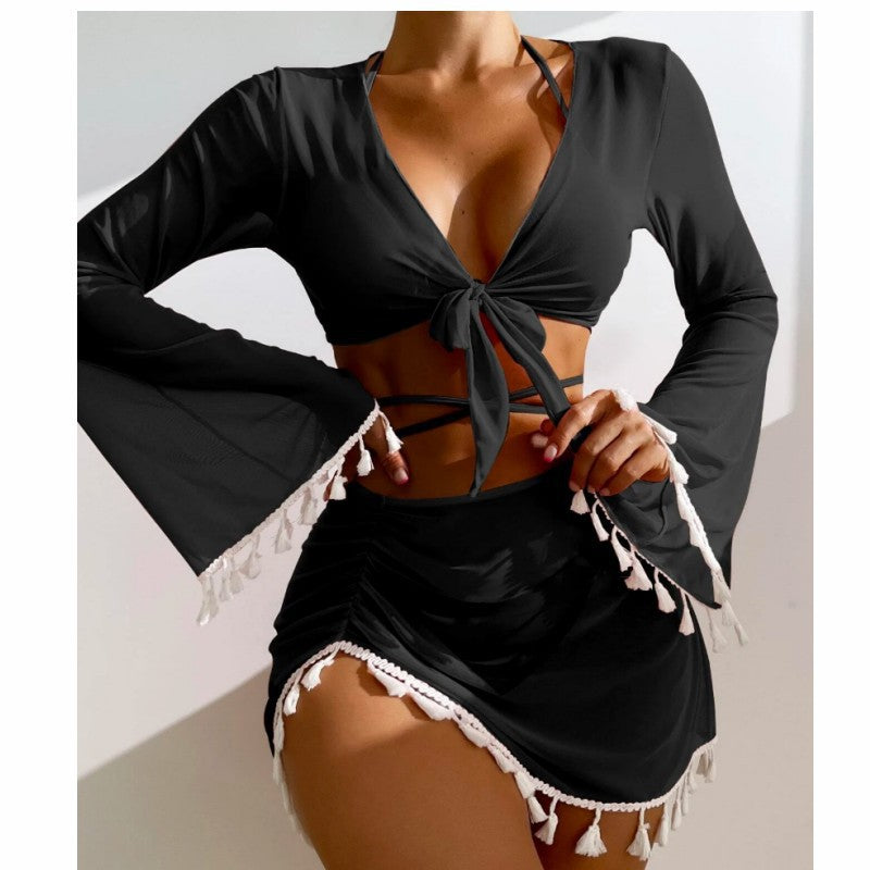 Four piece  tassel top mesh skirt bikini