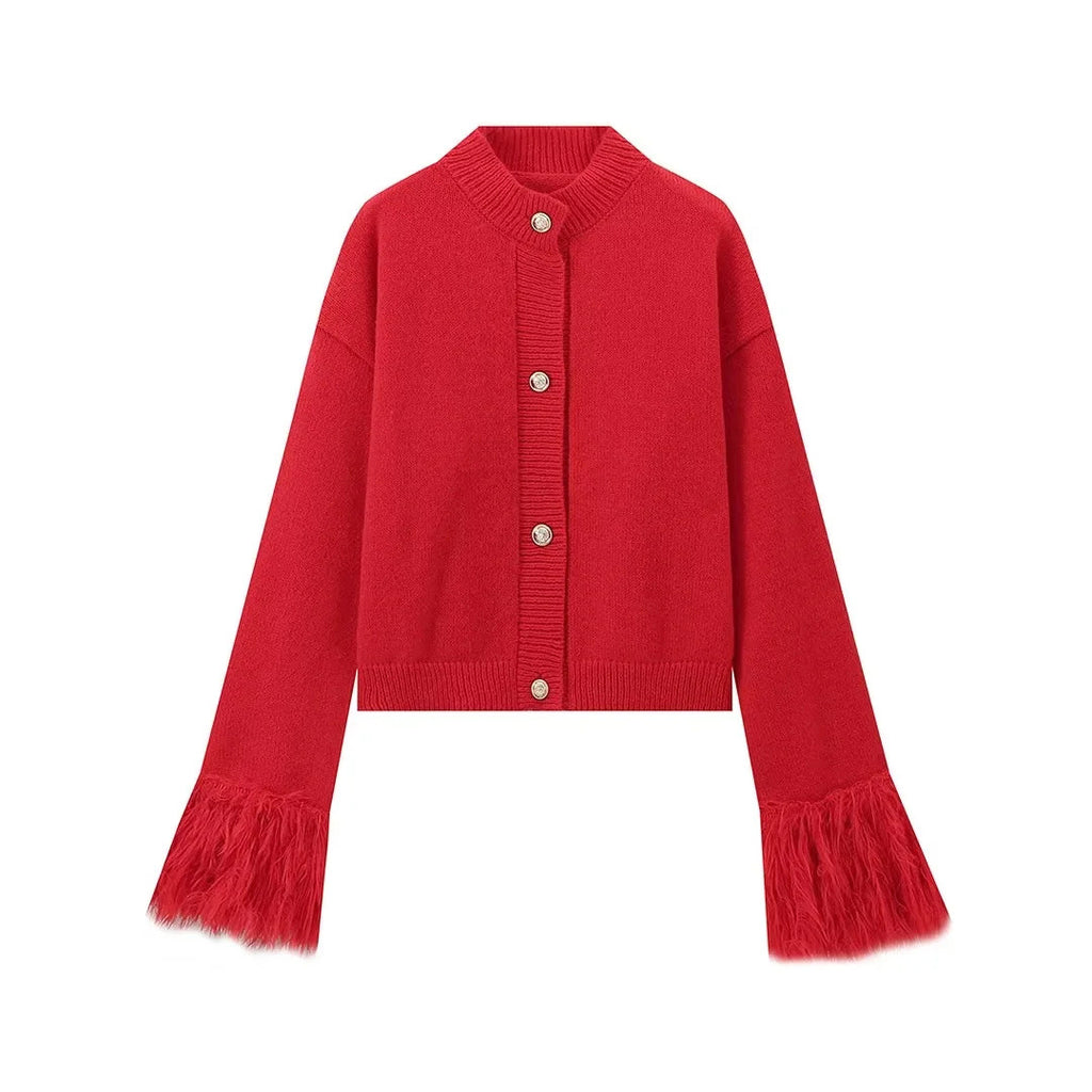 Red Knitted Feather Cardigan O-neck Sweater Coat