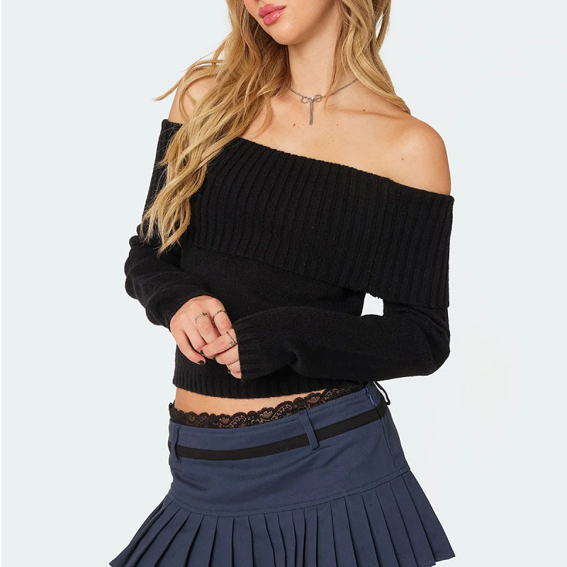 Collar Off Shoulder Long Sleeve Sweater