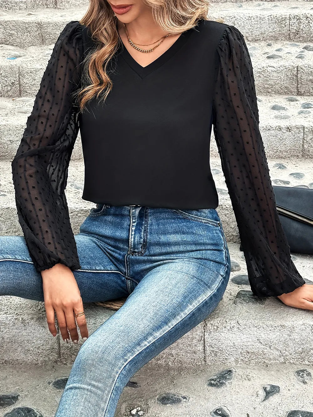 Black solid color V-neck fashionable versatile patchwork long sleeve top