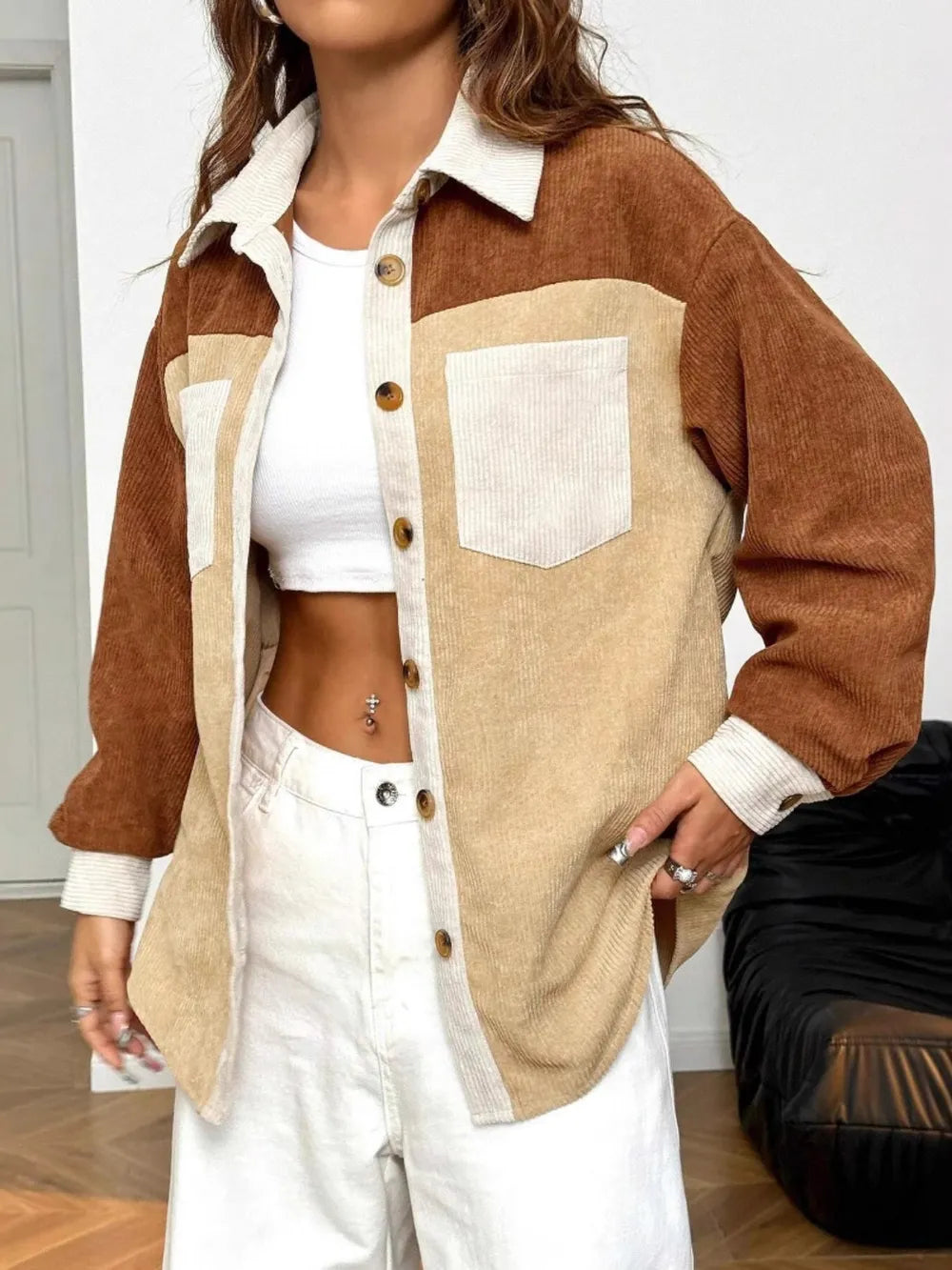 Corduroy color blocked casual jacket shirt