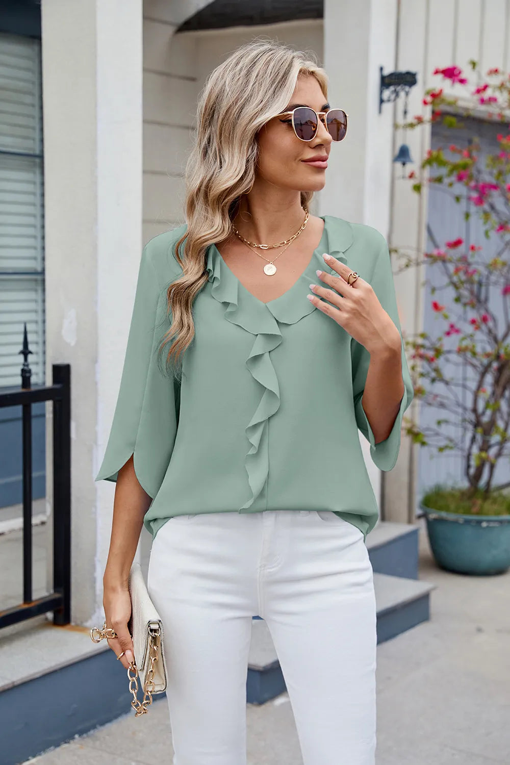 Chiffon mid sleeve V-neck pleated ruffled loose fitting top