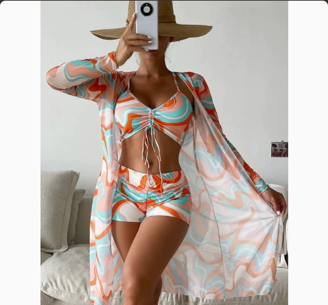 Fashionable Sexy Mesh Cover-Up with Leg-Length Briefs Three-Piece Swimwear Set