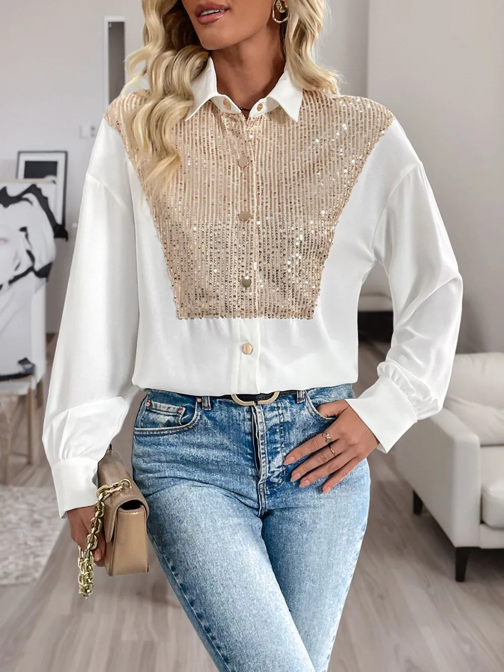 Sequin Contrast Long Sleeve Shirt