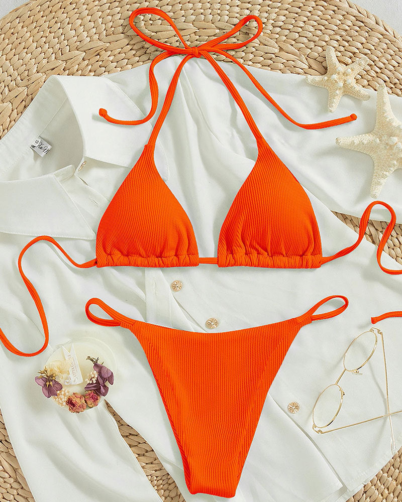 Hanging neck tie bikini swimsuit