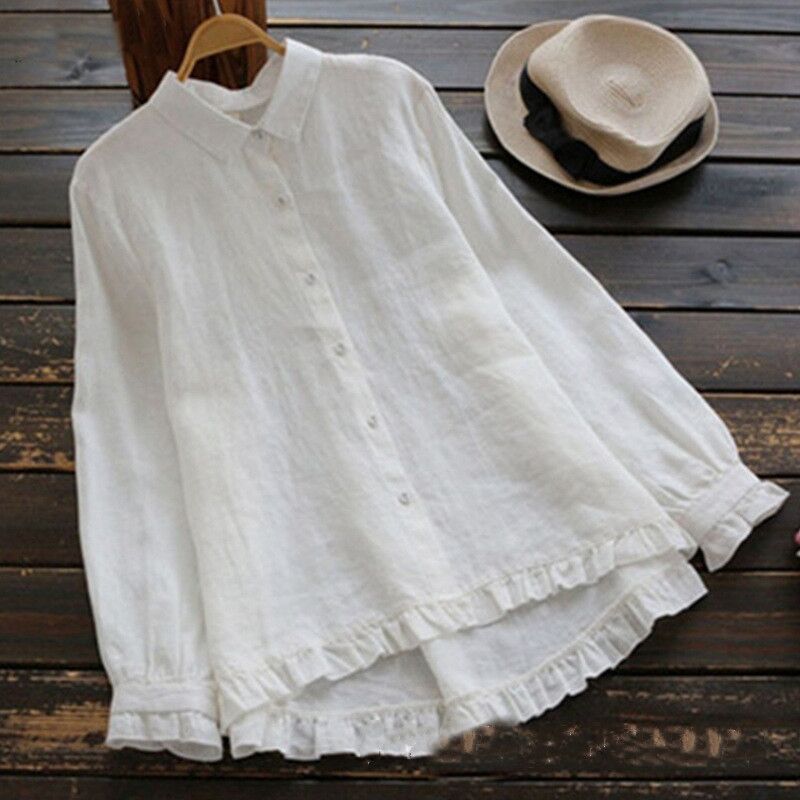Fungus Edge Stitching Cotton And Linen Long Sleeve Top