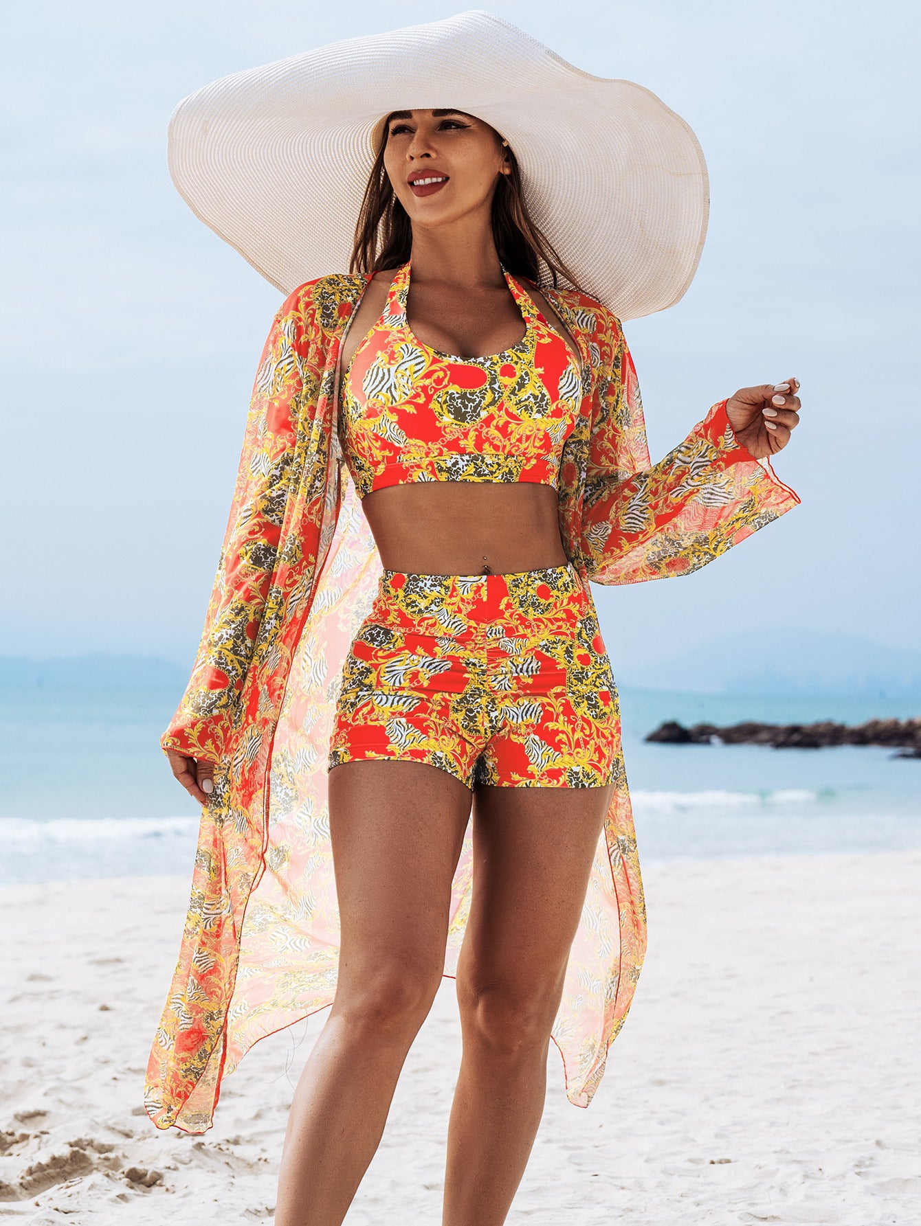 Three-Piece Bikini Set with Multi-Color Print Swimwear