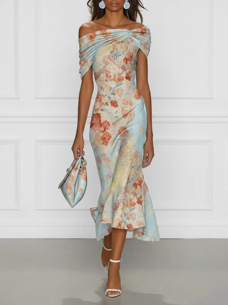 Off-Shoulder Short Sleeve Floral Elegant Long Dress