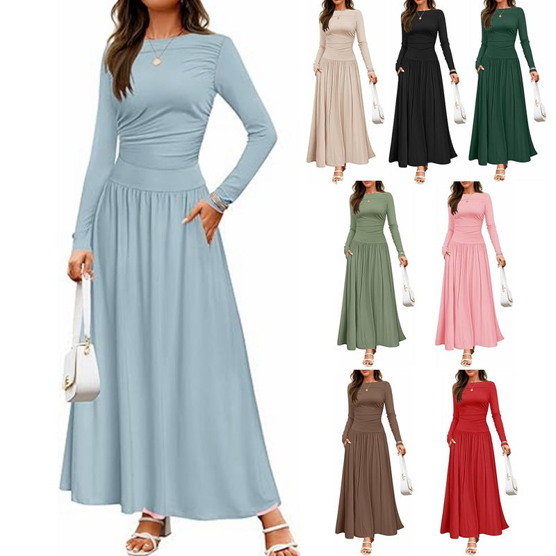 Round Neck Pleated Pocket Slim Fit Long Sleeve Knit Dress