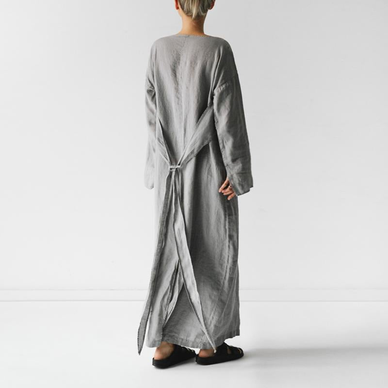 Cotton and linen long skirt with long sleeves and a straight collar tied dress