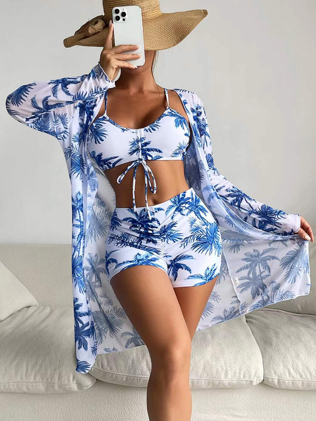 Fashionable Sexy Mesh Cover-Up with Leg-Length Briefs Three-Piece Swimwear Set