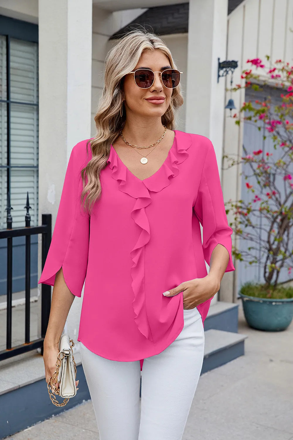 Chiffon mid sleeve V-neck pleated ruffled loose fitting top