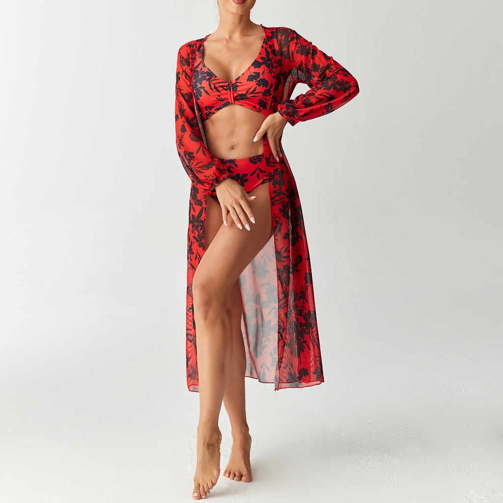 Three piece high waisted long sleeved cover up shirt