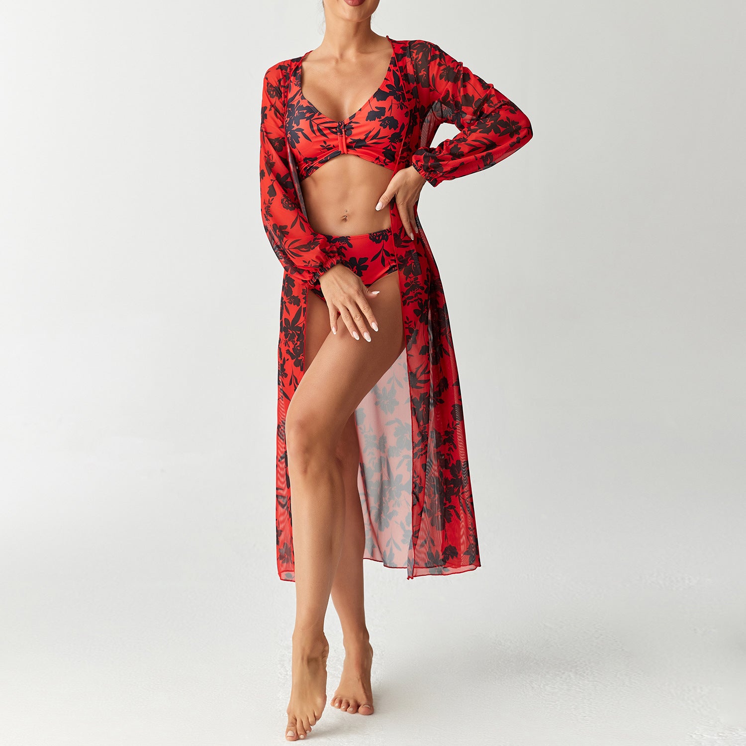 Three piece high waisted long sleeved cover up shirt