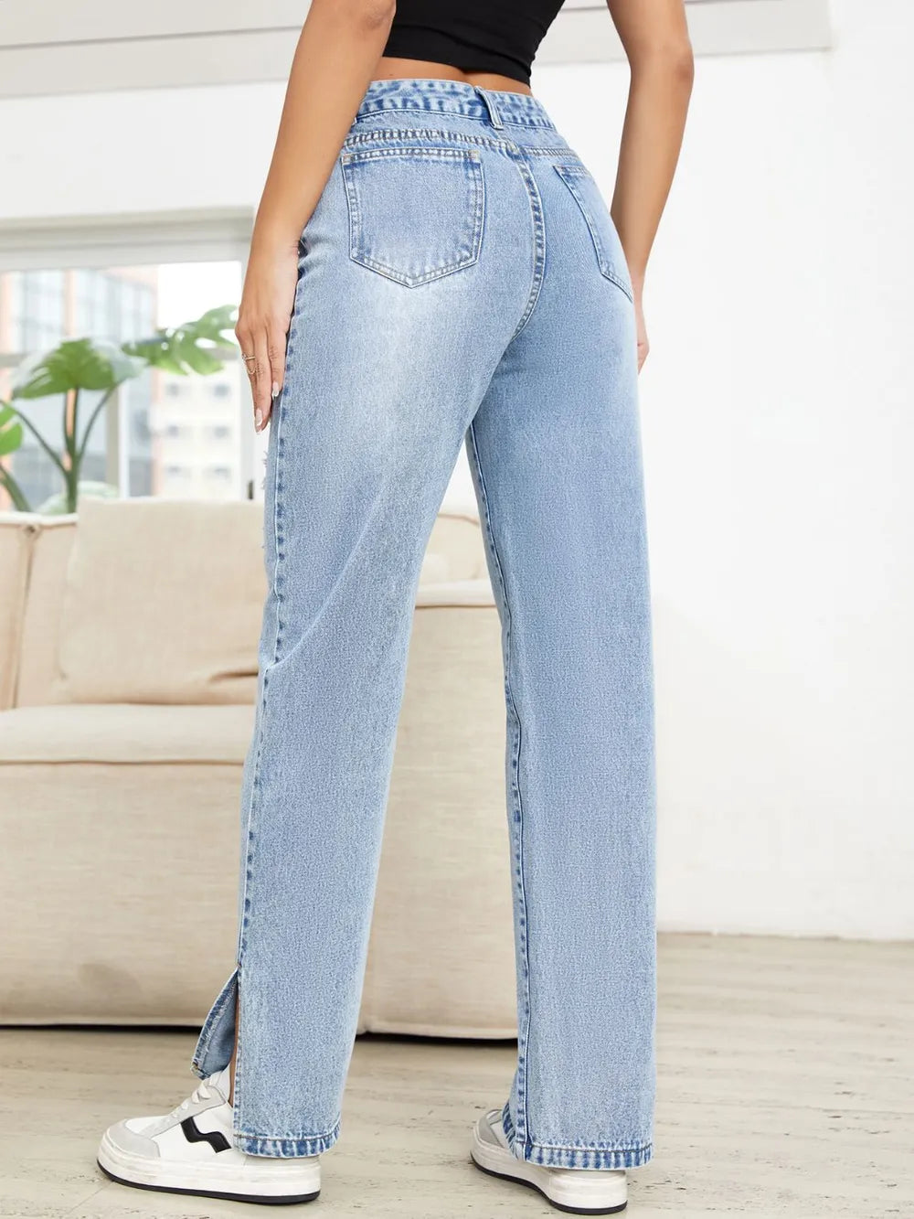 Distressed Slit Straight Leg Jeans