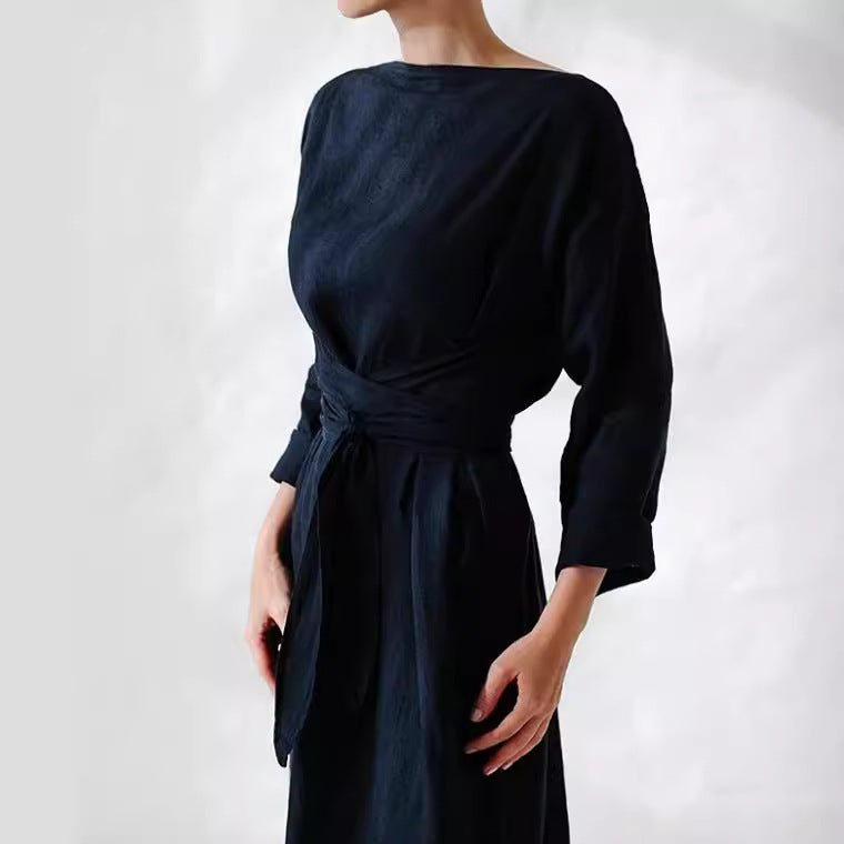 Cotton and linen long skirt with long sleeves and a straight collar tied dress