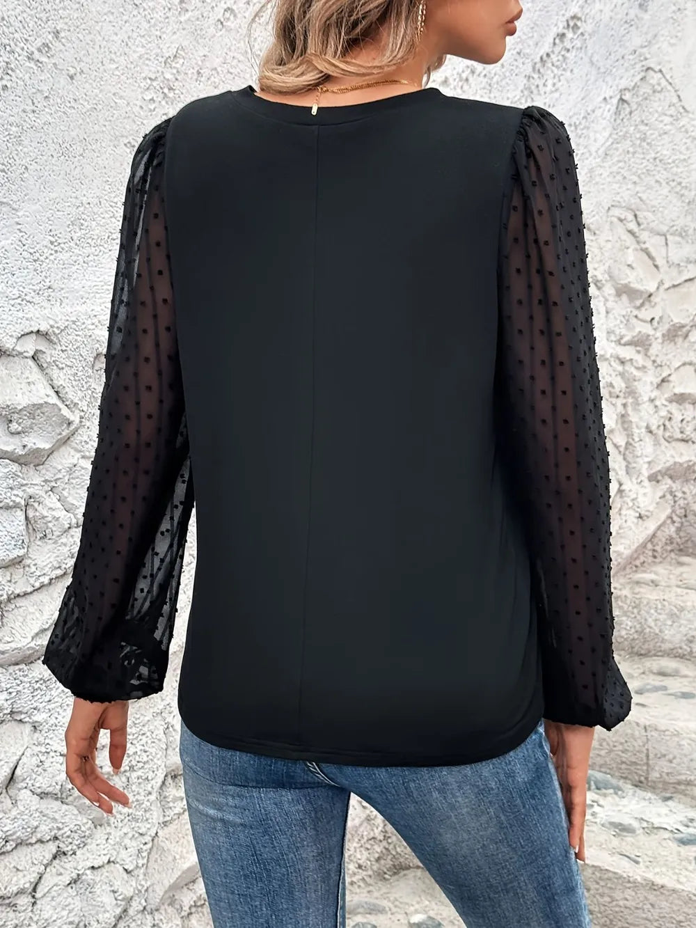 Black solid color V-neck fashionable versatile patchwork long sleeve top