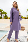 Modest Cap, Drawstring Mock Neck Long Sleeve Top and Pants Swim Set