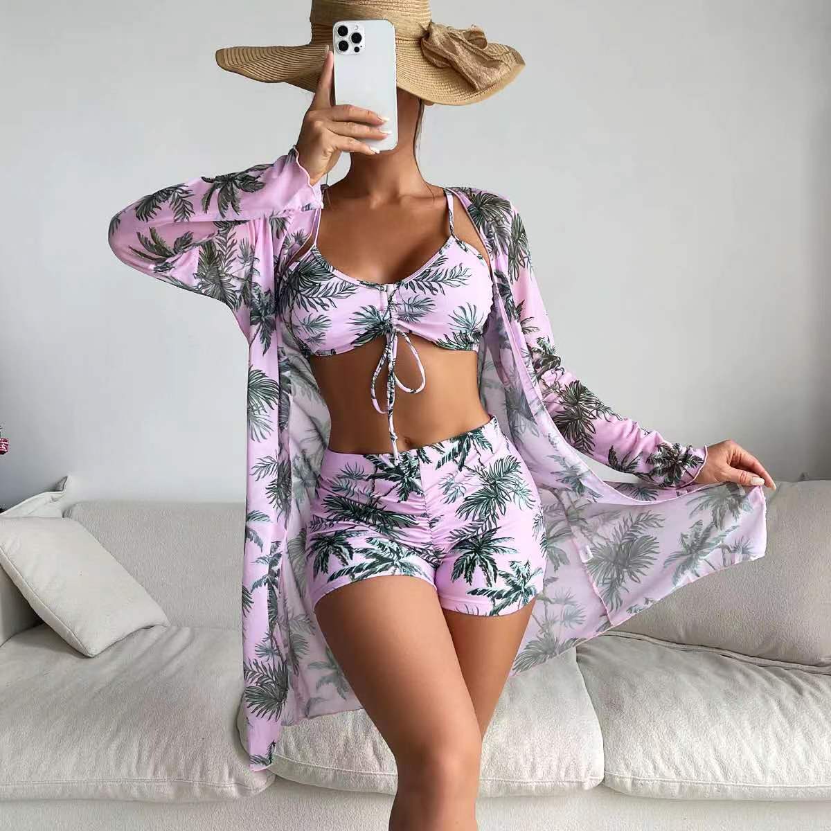 Fashionable Sexy Mesh Cover-Up with Leg-Length Briefs Three-Piece Swimwear Set