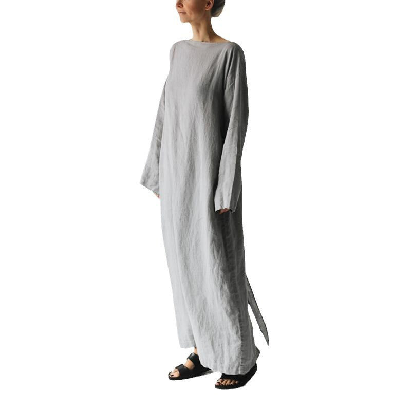 Cotton and linen long skirt with long sleeves and a straight collar tied dress