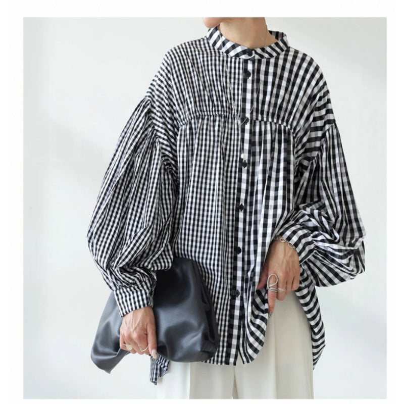 Black & White Checkered Puff Sleeve Blouse