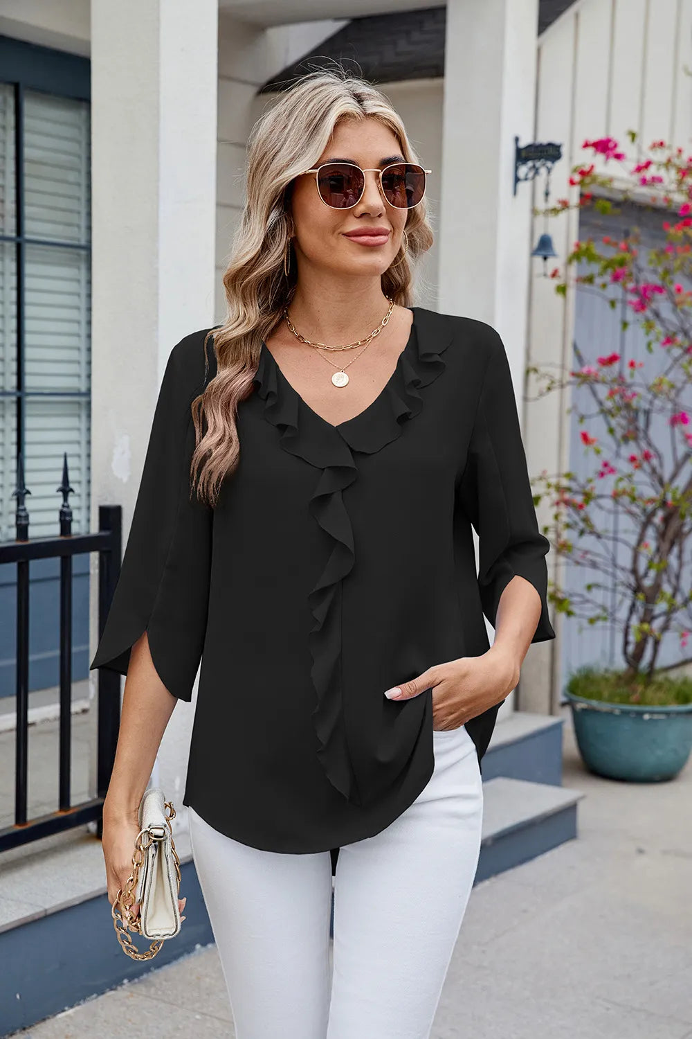 Chiffon mid sleeve V-neck pleated ruffled loose fitting top