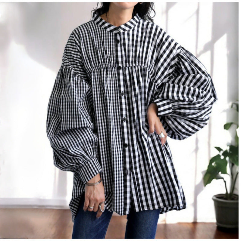 Black & White Checkered Puff Sleeve Blouse