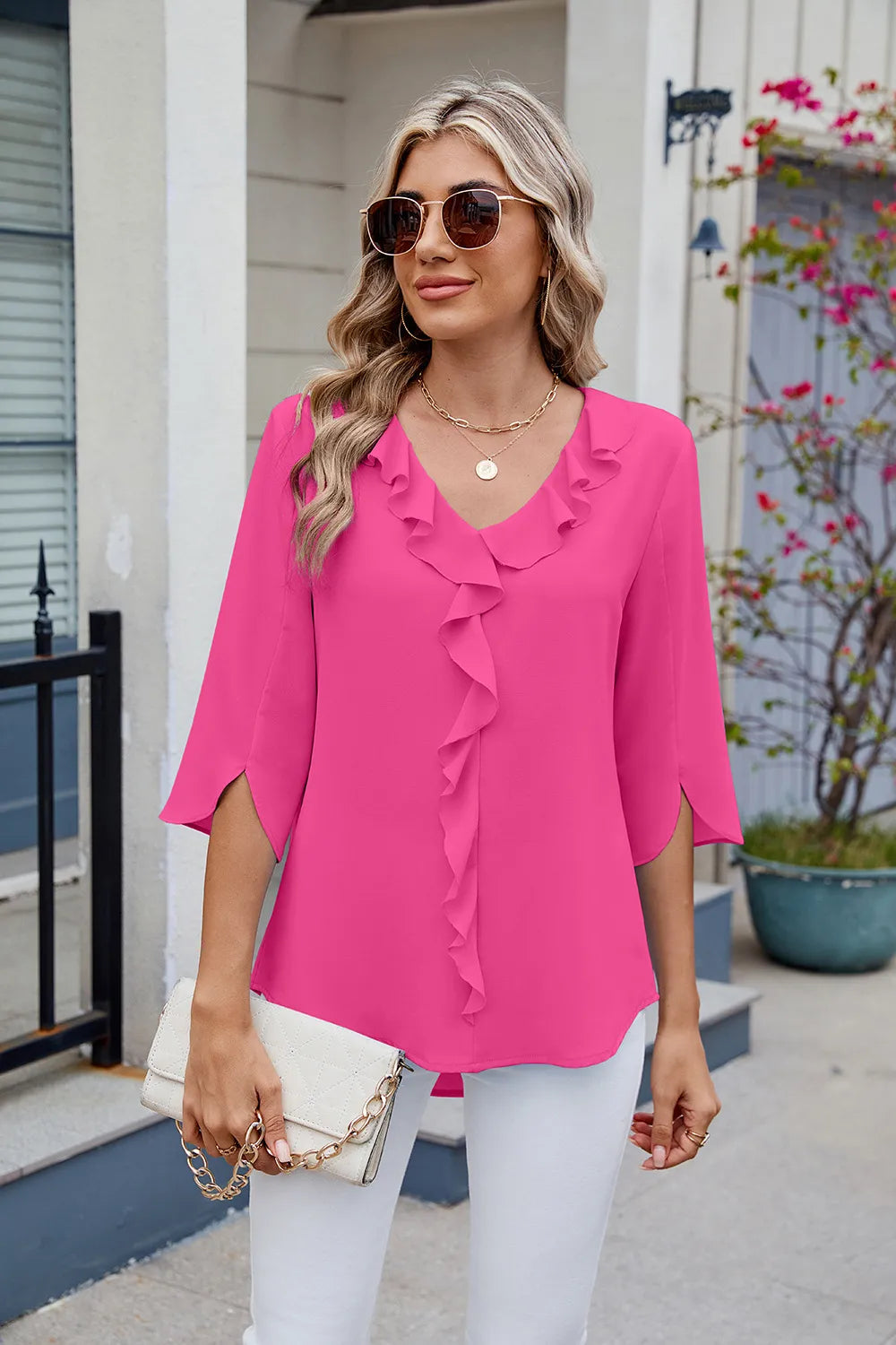 Chiffon mid sleeve V-neck pleated ruffled loose fitting top